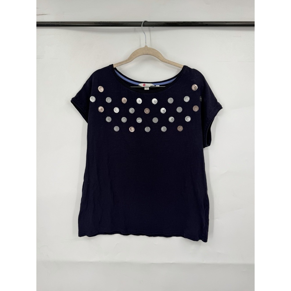 Boden 100% Cotton Sequin Short Sleeve Top‎ Women M Navy Blue Feminine